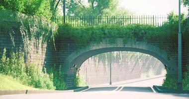 CGI Greenery surrounds a stone archway under a sunny blue sky in a serene setting video