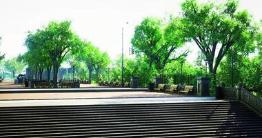 CGI Sunny urban park with benches and lush greenery in a vibrant setting video