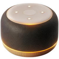 Dark Gray Textured Smart Speaker with Beige Top and Wooden Base Illuminated with Warm Yellow Light isolated on a transparent background png