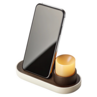 Modern Smartphone Stand with Integrated Warm Light Candle Shaped Accessory Dark Wood and Off White Base isolated on a transparent background png