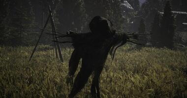 CGI Scarecrow standing alone in a moonlit field surrounded by forest video