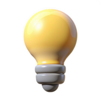 3 D Render of a Soft Yellow Light Bulb Icon with a Glowing Center and Gray Metal Base isolated on a transparent background png