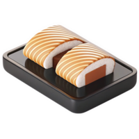 Two caramel and chocolate filled pastries displayed on a dark gray rectangular tray isolated on a transparent background png