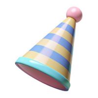 Three dimensional pastel yellow and blue striped party hat with pink top and light teal brim isolated on a transparent background png