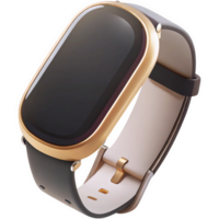 3 D Render of a Sleek Black and Gold Smartwatch with a Curved Rectangular Face and Beige Leather Band isolated on a transparent background png