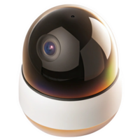 3 D model of a dome security camera with a dark gray metallic top and a white base isolated on a transparent background png