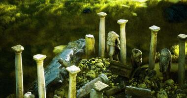 CGI Ancient stone columns and sculptures in a lush green landscape video