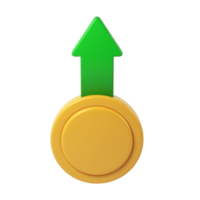 3d render icon Gold cryptocurrency coin rising with green upward arrow, symbolizing financial growth and investment potential on transparent background png