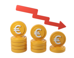 3d render icon Stacks of declining euro coins and descending red arrow representing financial crisis, with transparent background png