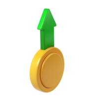3d growth icon render cryptocurrency background rising with green upward arrow, symbolizing financial Gold and coin potential on transparent investment png