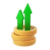 stack, Green arrows rising from golden coin icon representing financial growth, investment performance, digital 3d rendering against transparent background png