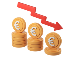 3d representing icon coins of declining euro render and descending Stacks arrow red financial crisis, with transparent background png