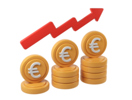 3d render icon Euro growth stacks climbing beside red upward arrow, backdrop financial coin and investment success against transparent symbolizing png