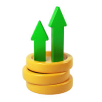 icon Green arrows rising from golden coin stack, representing financial growth, investment performance, digital 3d rendering against transparent background png