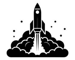 Black and white illustration of a retro rocket launching into space with smoke and dots. vector