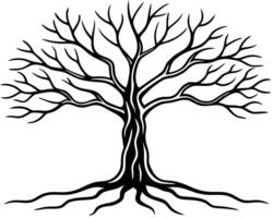 Silhouette illustration of a barren tree with roots and branches in simple black and white vector