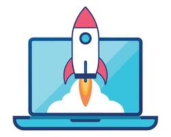 Laptop with rocket launch concept representing startup business development or new technological advancement vector