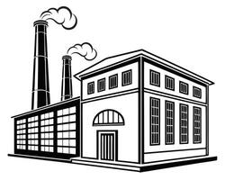 Industrial factory building in silhouette with two chimneys and white smoke emissions vector