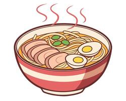 Delicious illustration of traditional japanese ramen soup bowl featuring eggs and sliced meat with steam vector