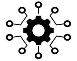 Gear icon surrounded by circular nodes representing connectivity and technology concepts vector