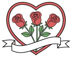 Three red roses in a heart with ribbon for valentine's day or romantic design vector