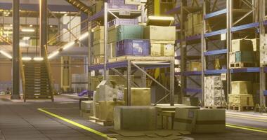 CGI Warehouse stacked high with boxes during evening hours near loading bay video