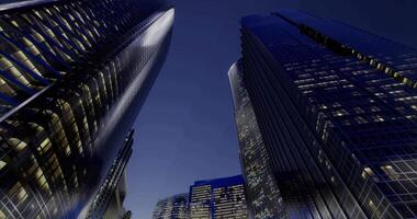 CGI Skyscrapers illuminated against night sky in a bustling urban landscape video