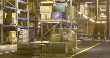 CGI Warehouse stacked with colorful boxes in a busy logistics center video