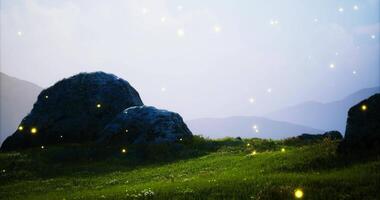 CGI Golden lights illuminate rocky terrain at twilight across rolling hills video