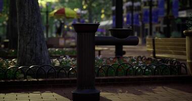 CGI Water fountain in a public park surrounded by benches and flowers video