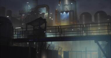 CGI Industrial complex illuminated by fog at night in a secluded area video