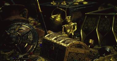 CGI Treasure chest surrounded by gold coins and artifacts in an ancient setting video