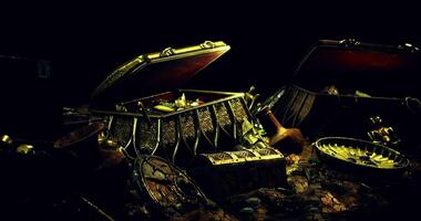 CGI Hidden treasures scattered across the darkened table in dim light video