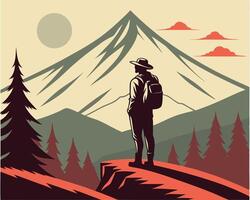 Adventurer standing on a cliff observing mountains and trees during a sunset or sunrise vector