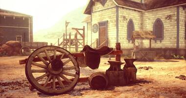 CGI Rustic cart and anvil in an old western town during golden hour video