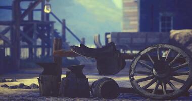 CGI Vintage tools and equipment in a rustic outdoor setting at dusk video