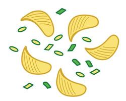 Cartoon illustration featuring potato chips with green onion pieces scattered on white background vector