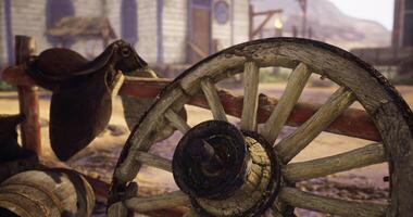CGI Rustic wooden wagon wheel with saddle in an old western town setting video