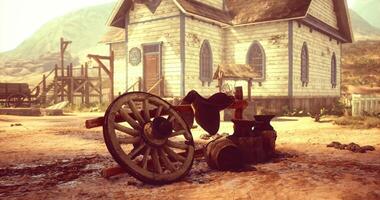 CGI Old western town with a rustic cart and church under bright sunlight video