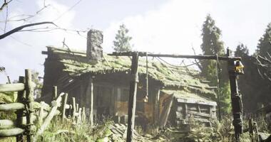 CGI Old wooden cabin surrounded by trees and overgrown plants in a rural setting video