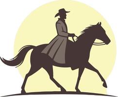 illustration of a silhouette of a cowboy riding a horse against a soft yellow circle background vector