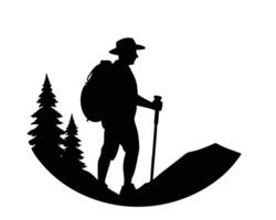 Silhouette of a hiker walking with a backpack and hiking stick near trees on a trail vector
