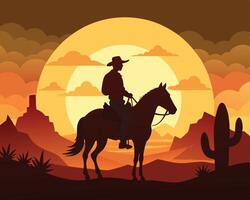 Silhouette of a cowboy on horseback riding into a desert sunset with cactus and mountains vector