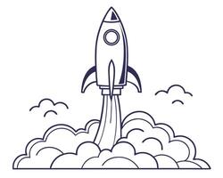 illustration of a rocket ship taking off with smoke and clouds against a white background vector