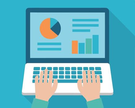 Person analyzing business statistics on a laptop computer with charts and diagrams shown vector
