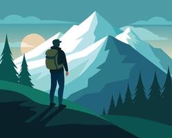 illustration of a hiker overlooking majestic mountains with a sunset backdrop in nature vector