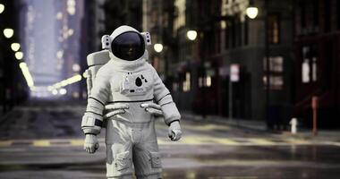CGI Astronaut exploring an urban environment at dusk video
