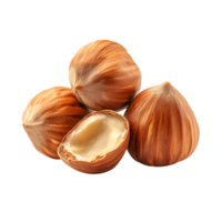Three hazelnuts with one open isolated on transparent background png