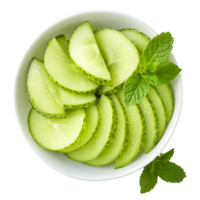 Fresh cucumber slices with mint in a bowl isolated on a transparent background png