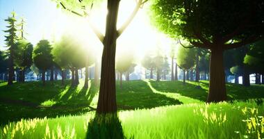 CGI Sunlight filters through trees in a vibrant forest during daytime video